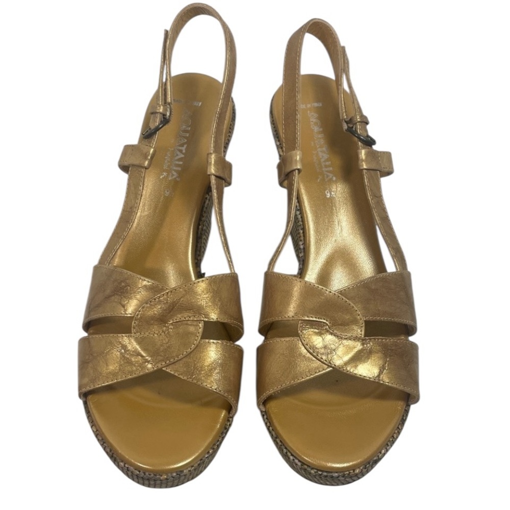 Aquatalia by Marvin K Gold Leather Woven Platform Heel Sandals Size 9.5